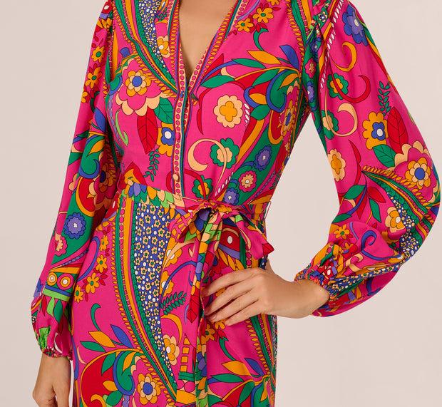 Aidan Mattox Long Sleeve Retro Printed Midi Dress In Pink Multi
