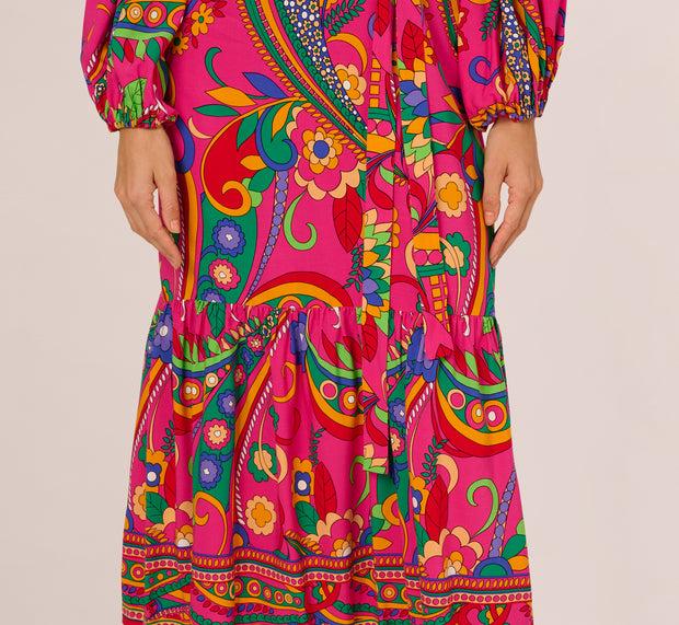 Aidan Mattox Long Sleeve Retro Printed Midi Dress In Pink Multi
