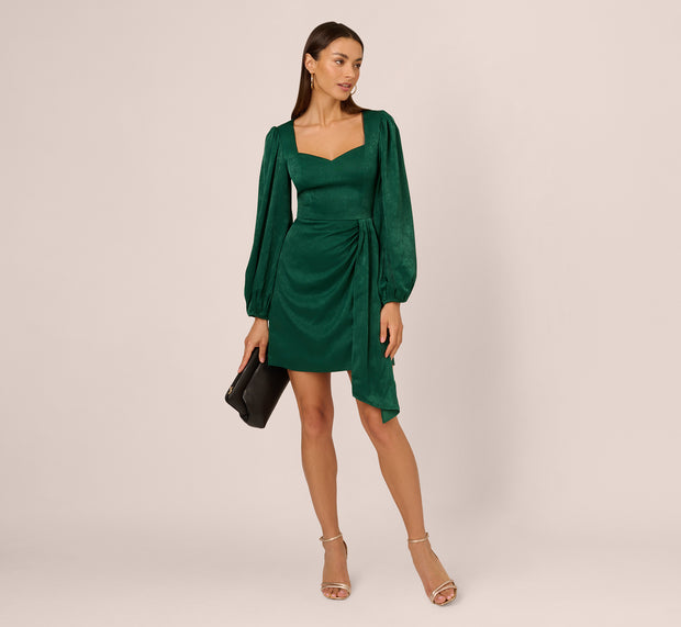Aidan Mattox Long Sleeve Satin Dress With Draped Details In Dark Ivy