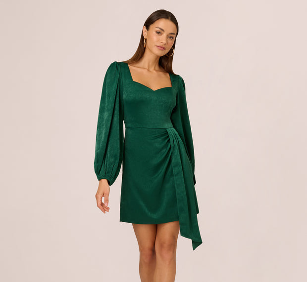 Aidan Mattox Long Sleeve Satin Dress With Draped Details In Dark Ivy