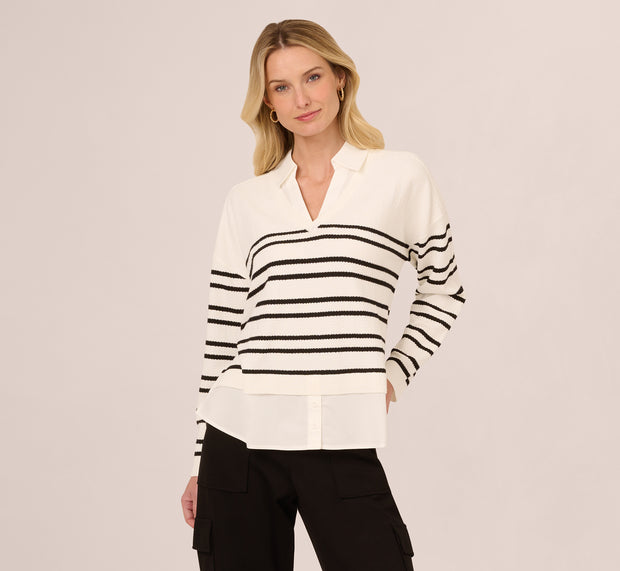 Aidan Mattox Long Sleeve Stripe Collared Twofer Sweater In Ivory Black W Ivory