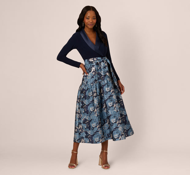 Aidan Mattox Long Sleeve Tuxedo Jacquard Combo Gown In Midnight Multi