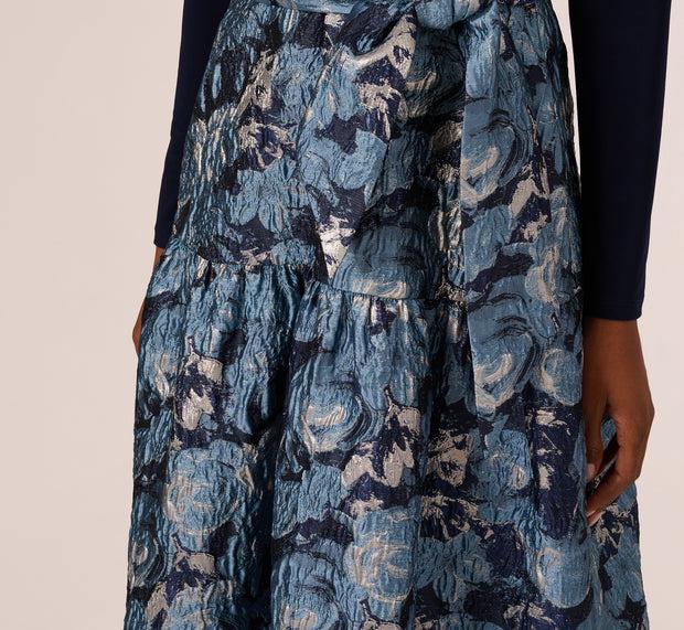 Aidan Mattox Long Sleeve Tuxedo Jacquard Combo Gown In Midnight Multi