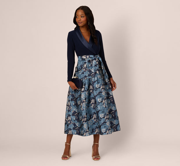 aidan mattox Long Sleeve Tuxedo Jacquard Combo Gown In Midnight Multi