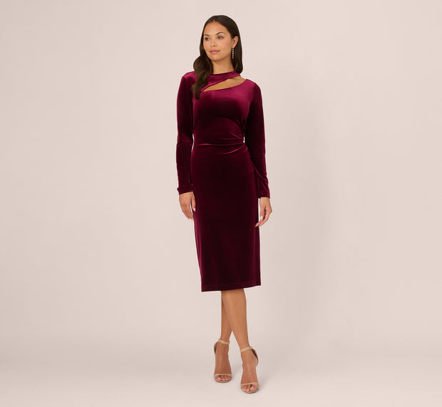 Aidan Mattox Long Sleeve Velvet Dress With Asymmetric Cutout Neckline In Burgundy