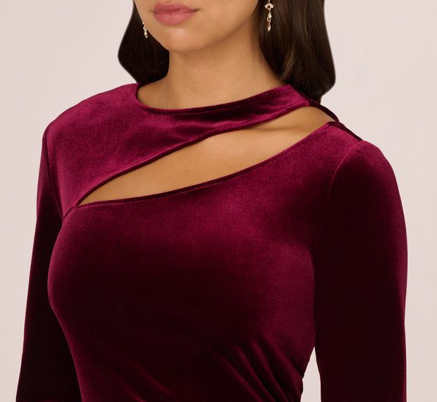 Aidan Mattox Long Sleeve Velvet Dress With Asymmetric Cutout Neckline In Burgundy