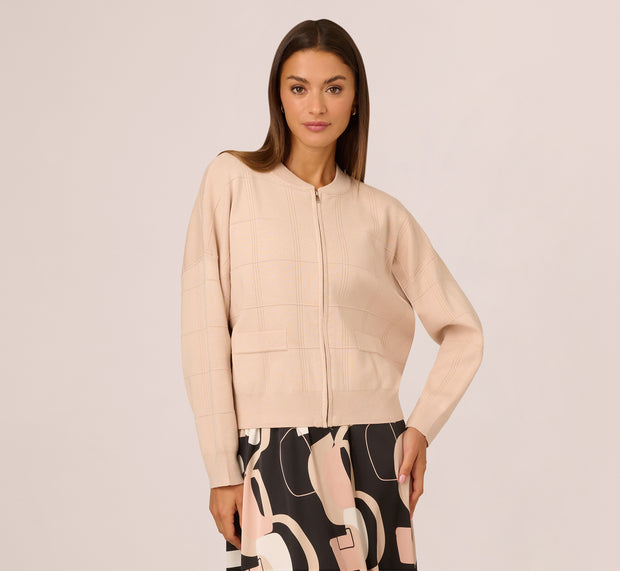 Aidan Mattox Long Sleeve Zip Front Sweater Bomber In Champagne Blush