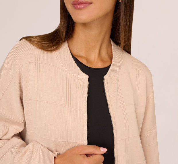 Aidan Mattox Long Sleeve Zip Front Sweater Bomber In Champagne Blush