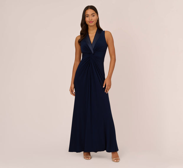 Aidan Mattox Matte Jersey Twist Front Tuxedo Long Gown In Midnight