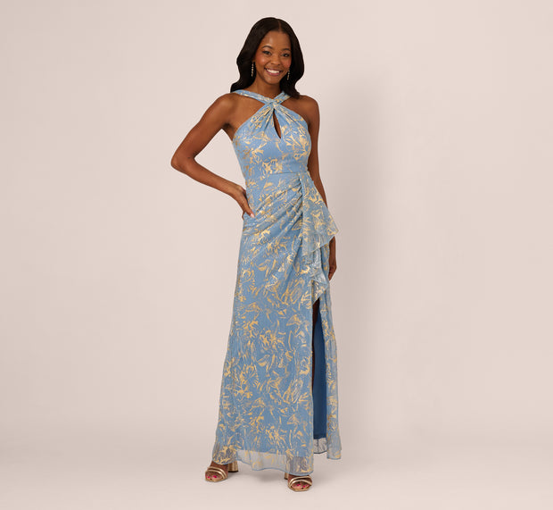 Aidan Mattox Metallic Crinkle Keyhole Halter Gown In Light Blue Gold