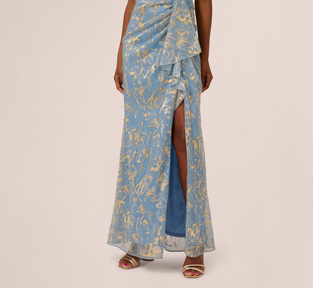 Aidan Mattox Metallic Crinkle Keyhole Halter Gown In Light Blue Gold