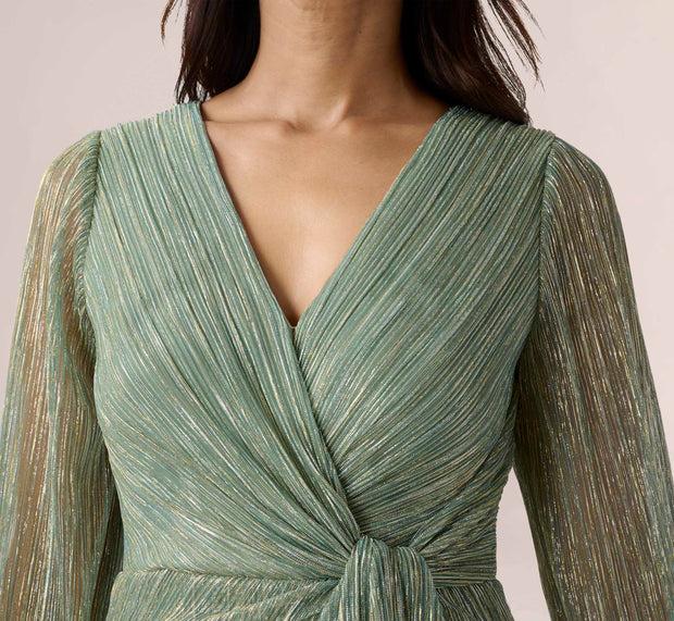 Aidan Mattox Metallic Crinkled Mesh Draped Long Gown In Green Slate