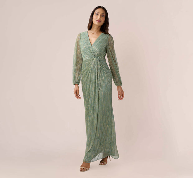 Aidan Mattox Metallic Crinkled Mesh Draped Long Gown In Green Slate