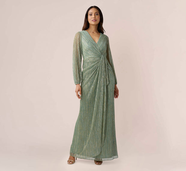 aidan mattox Metallic Crinkled Mesh Draped Long Gown In Green Slate