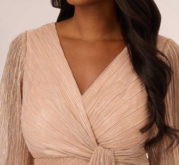 Aidan Mattox Metallic Crinkled Mesh Draped Long Gown In Light Gold