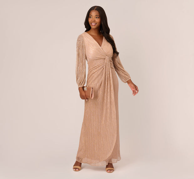 aidan mattox Metallic Crinkled Mesh Draped Long Gown In Light Gold