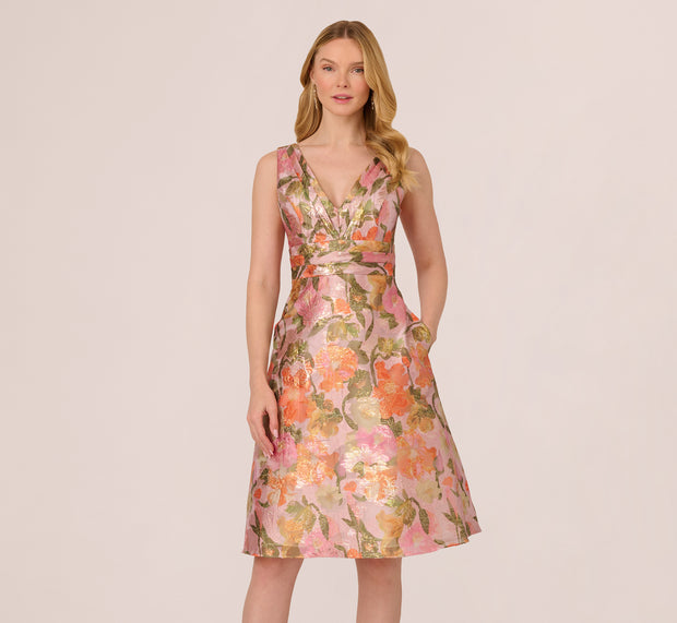 Aidan Mattox Metallic Floral Jacquard Midi Dress In Yellow Orange Multi