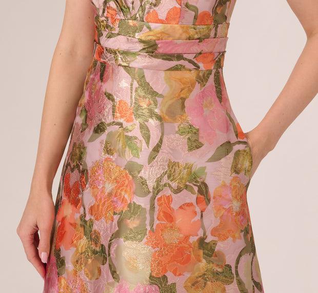Aidan Mattox Metallic Floral Jacquard Midi Dress In Yellow Orange Multi