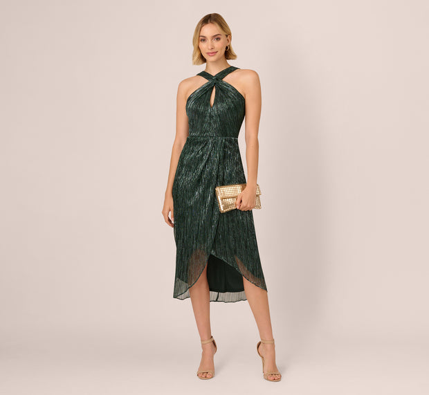 Aidan Mattox Metallic Knit Halter Midi Dress With Wrap Skirt In Green Pine