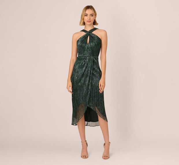 Aidan Mattox Metallic Knit Halter Midi Dress With Wrap Skirt In Green Pine