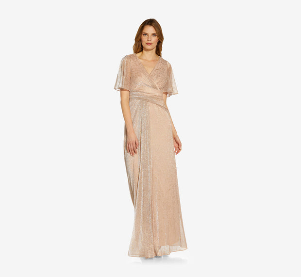 Aidan Mattox Metallic Mesh Draped Gown In Rose Gold