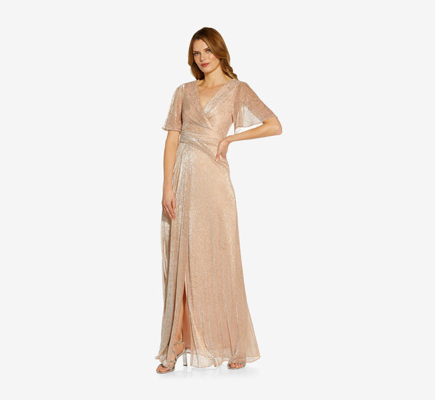 aidan mattox Metallic Mesh Draped Gown In Rose Gold