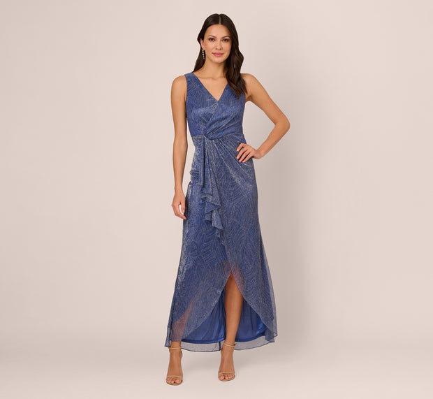 Aidan Mattox Metallic Mesh Faux Wrap Gown With Ruffle Accents In Light Navy