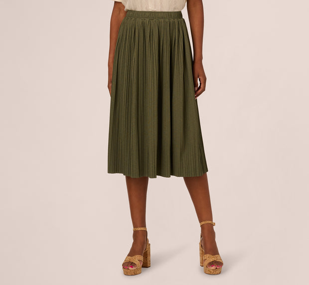 Aidan Mattox Micropleated Printed A Line Midi Skirt In Olivine