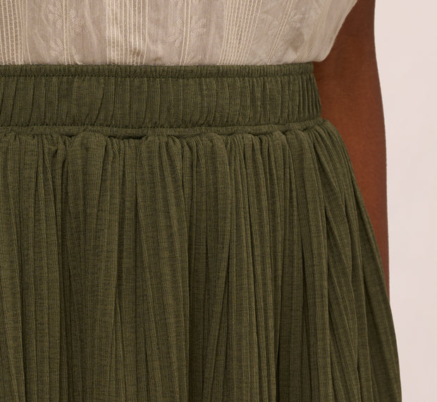 Aidan Mattox Micropleated Printed A Line Midi Skirt In Olivine
