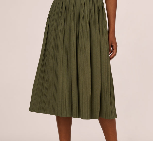 Aidan Mattox Micropleated Printed A Line Midi Skirt In Olivine