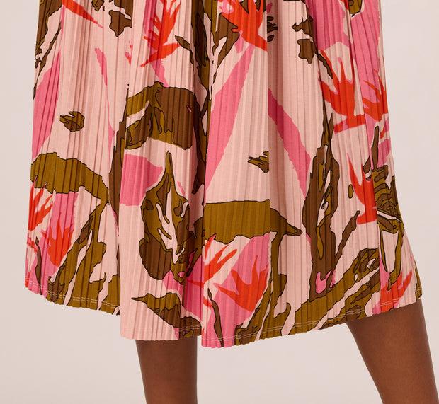 Aidan Mattox Micropleated Printed A Line Midi Skirt In Pale Mauve Botanic Flora