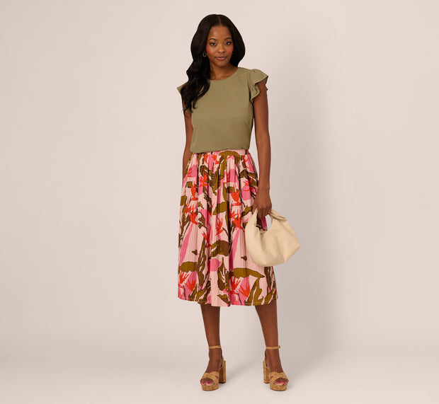 aidan mattox Micropleated Printed A Line Midi Skirt In Pale Mauve Botanic Flora
