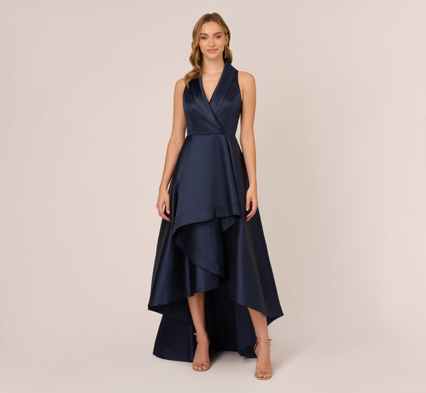Aidan Mattox Mikado High/Low Midi-Length Tuxedo Gown In Midnight