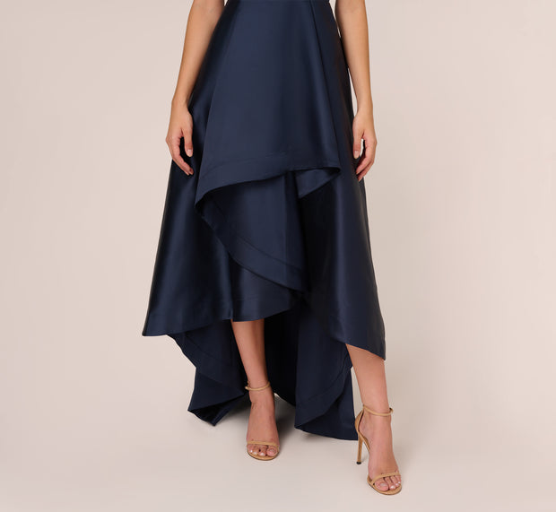 Aidan Mattox Mikado High/Low Midi-Length Tuxedo Gown In Midnight