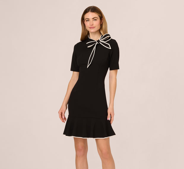Aidan Mattox Mock Neck Dress With Contrasting Bowtie In Black Ivory
