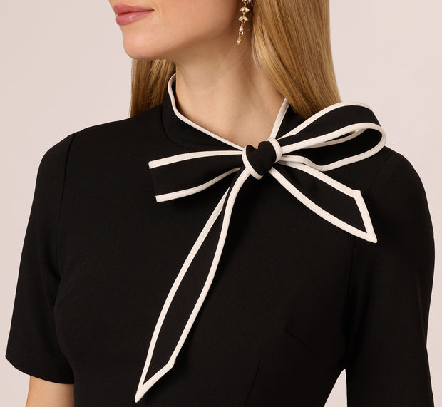 Aidan Mattox Mock Neck Dress With Contrasting Bowtie In Black Ivory