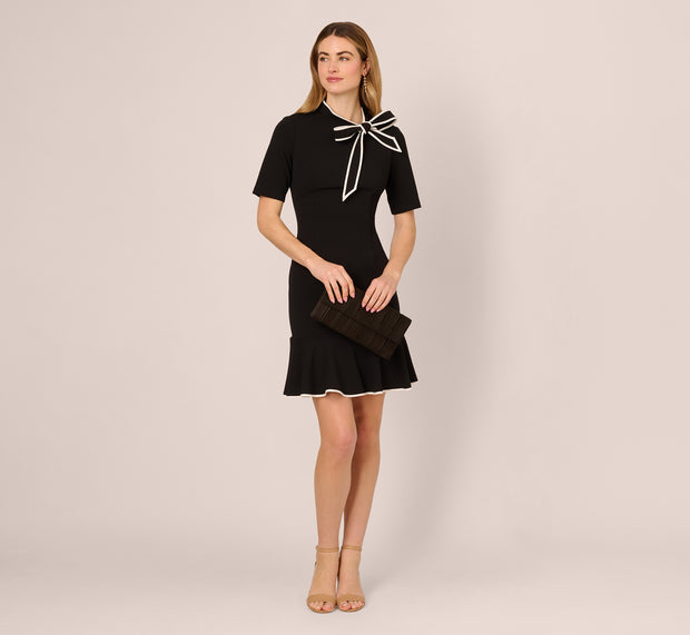 aidan mattox Mock Neck Dress With Contrasting Bowtie In Black Ivory