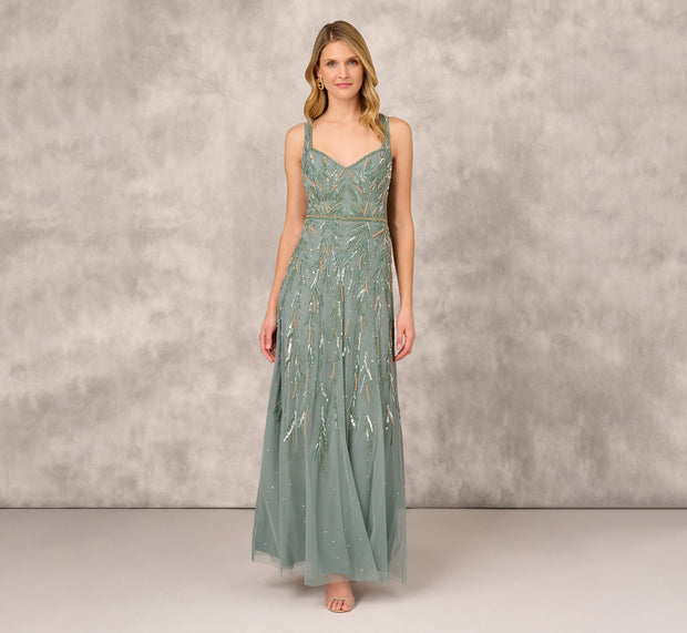 Aidan Mattox Multicolor Beaded Mermaid Gown With Sweetheart Neckline In Dark Sage