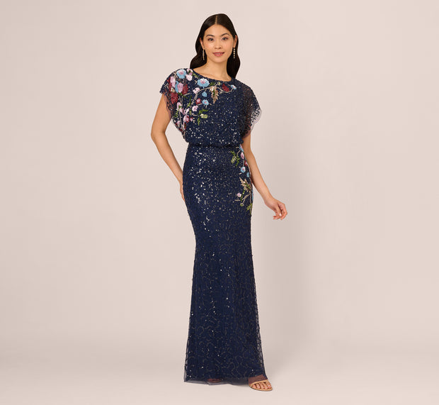Aidan Mattox Multicolor Floral Beaded Mermaid Gown With Dolman Sleeves In Midnight