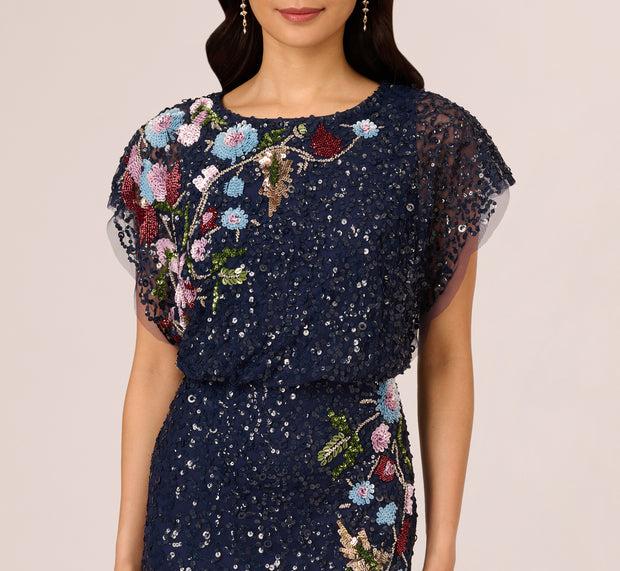 Aidan Mattox Multicolor Floral Beaded Mermaid Gown With Dolman Sleeves In Midnight