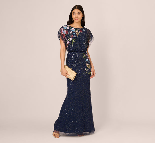 aidan mattox Multicolor Floral Beaded Mermaid Gown With Dolman Sleeves In Midnight