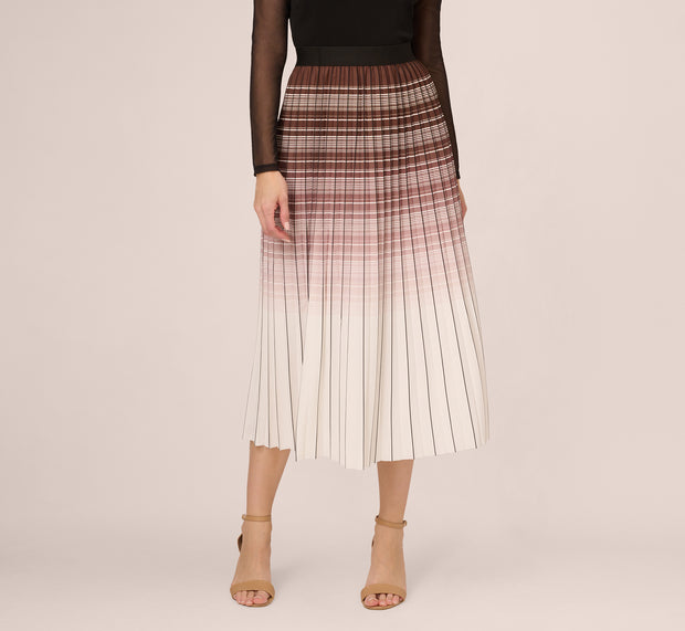 Aidan Mattox Multicolor Stripe Print Pleated Midi Skirt In Mocha Ivory Chevron Stri