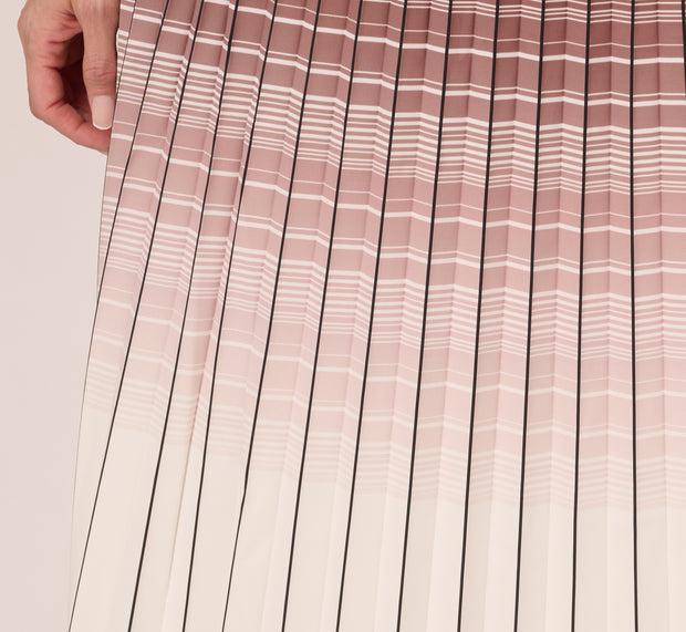 Aidan Mattox Multicolor Stripe Print Pleated Midi Skirt In Mocha Ivory Chevron Stri