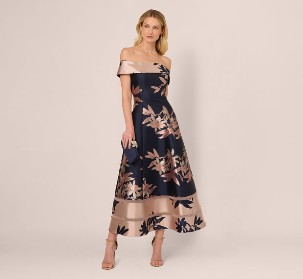 aidan mattox Off Shoulder 2 Tone Jacquard Fit And Flare Midi Dress In Navy Blush