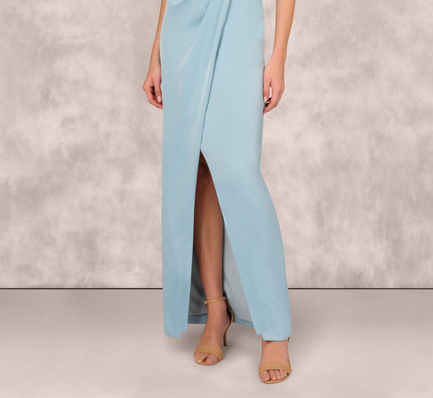 Aidan Mattox Off Shoulder Beaded Satin Combo Long Dress In Clear Water