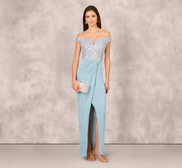 aidan mattox Off Shoulder Beaded Satin Combo Long Dress In Clear Water
