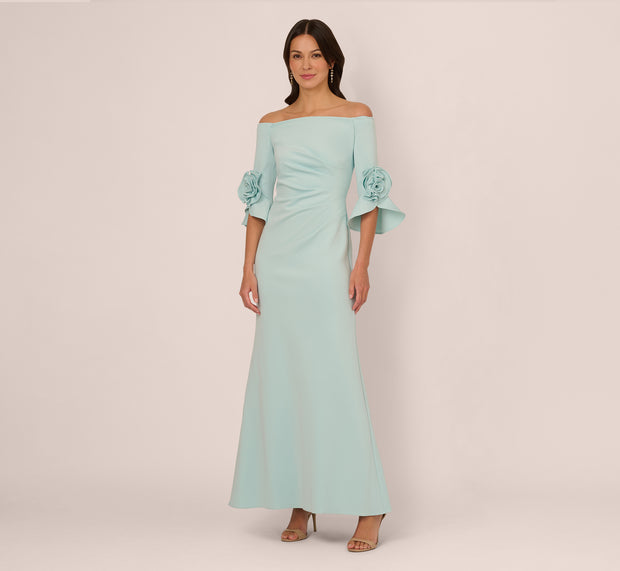 Aidan Mattox Off Shoulder Bell Sleeve Rosette Gown In Airy Aqua