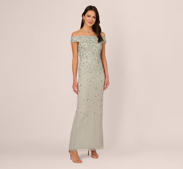 Aidan Mattox Off Shoulder Dress With Floral Embellishment In Frosted Sage