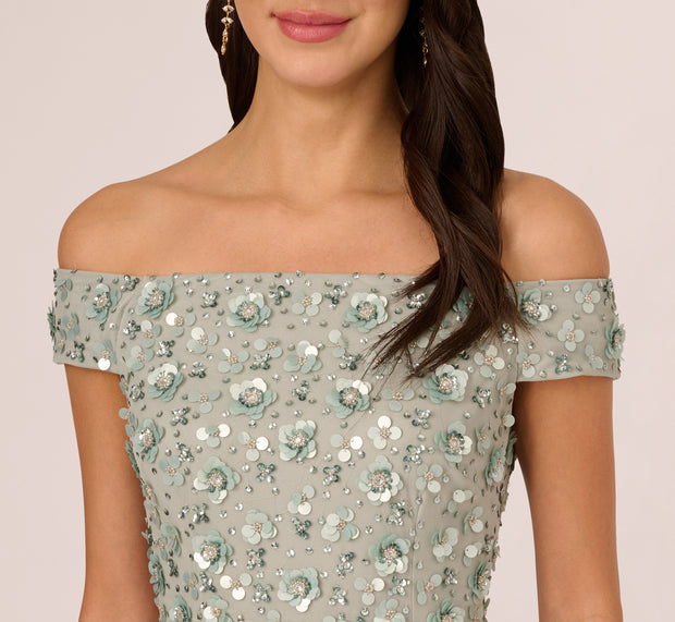 Aidan Mattox Off Shoulder Dress With Floral Embellishment In Frosted Sage