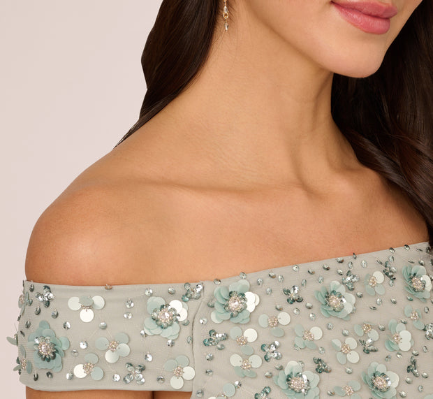 Aidan Mattox Off Shoulder Dress With Floral Embellishment In Frosted Sage